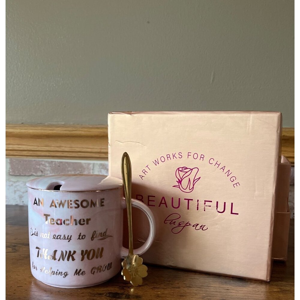 Beautiful Teacher Appreciation Educator  Mug & Gold Flower Spoon Gift Set